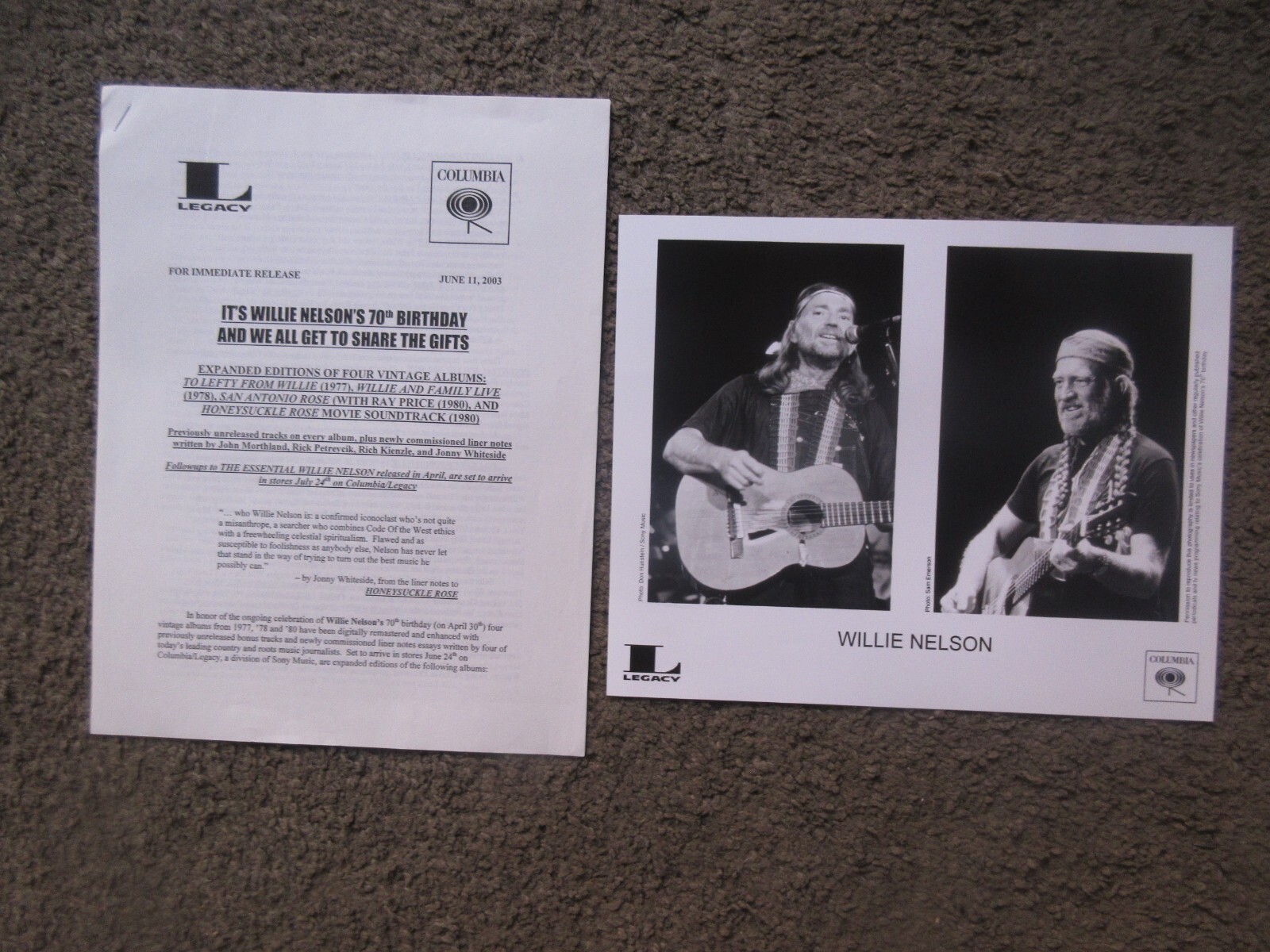 WILLIE NELSON 2003 SONY/LEGACY 70th B’DAY CD REISSUE PROJECT W/8×10 PUB.PHOTO