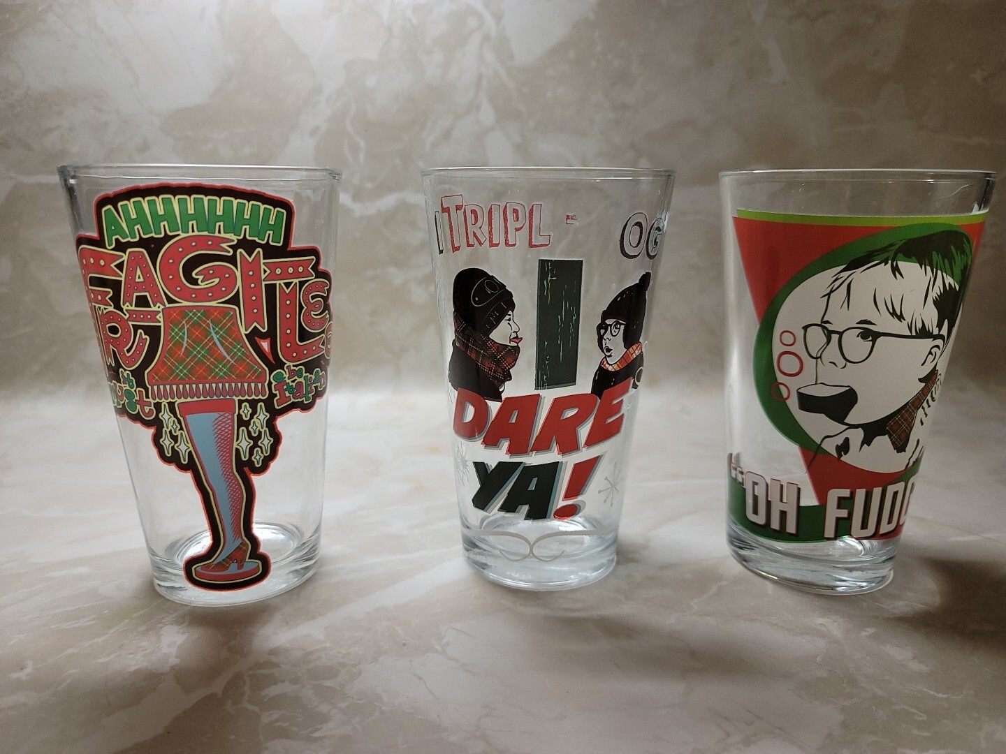 A Christmas Story Pint Glasses. Leg Lamp, OH Fudge And Triple Dog Dare Ya