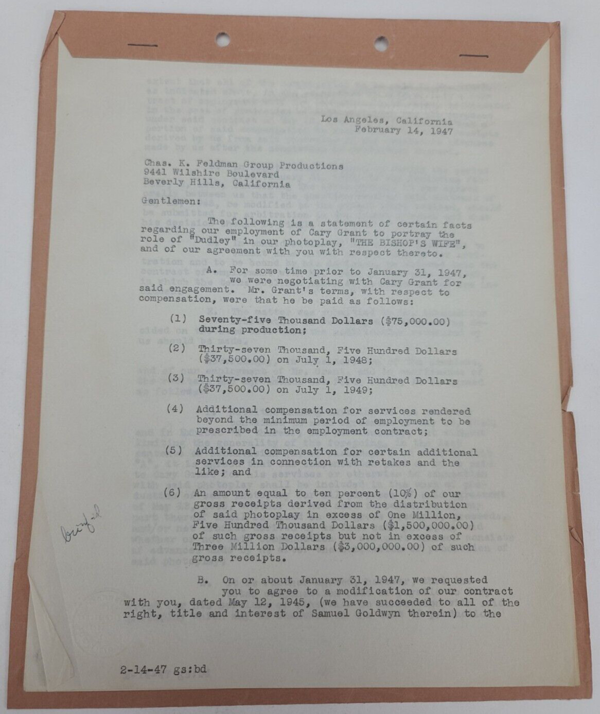 THE BISHOP’S WIFE / Charles K. Feldman 1947 signed contract regarding Cary Grant