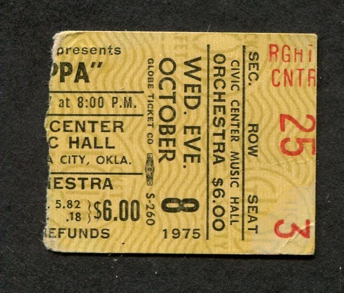 1975 Frank Zappa & The Mothers concert ticket stub Oklahoma City Bongo Fury