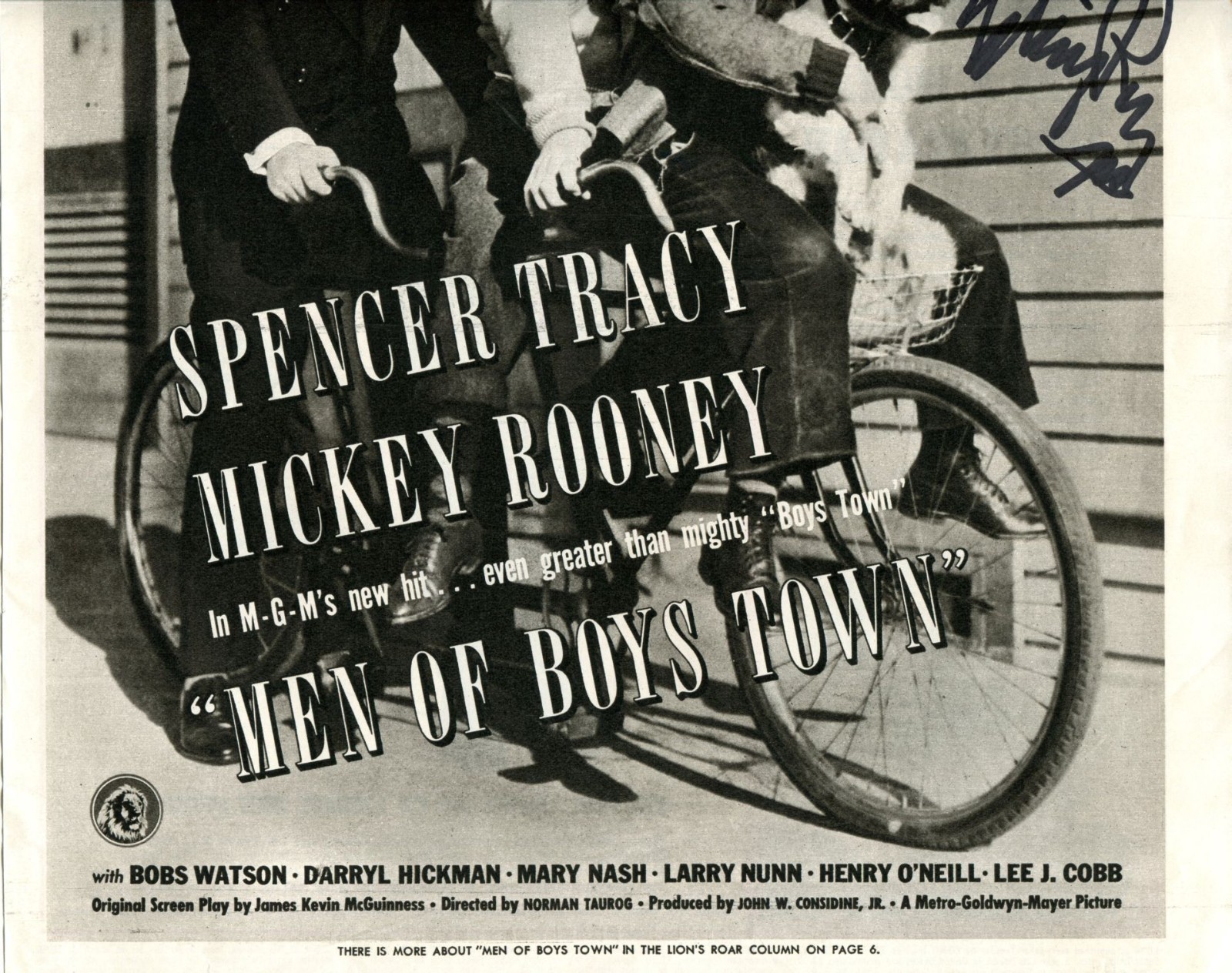 MICKEY ROONEY – 1941 Advertisement for “Men of Boys Town” – SIGNED in Person