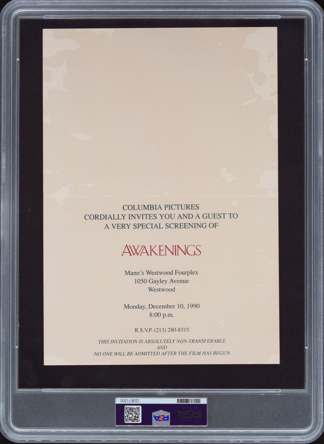 AWAKENINGS / 1990 Advance Screening Movie Ticket, Robin Williams film, PSA 6