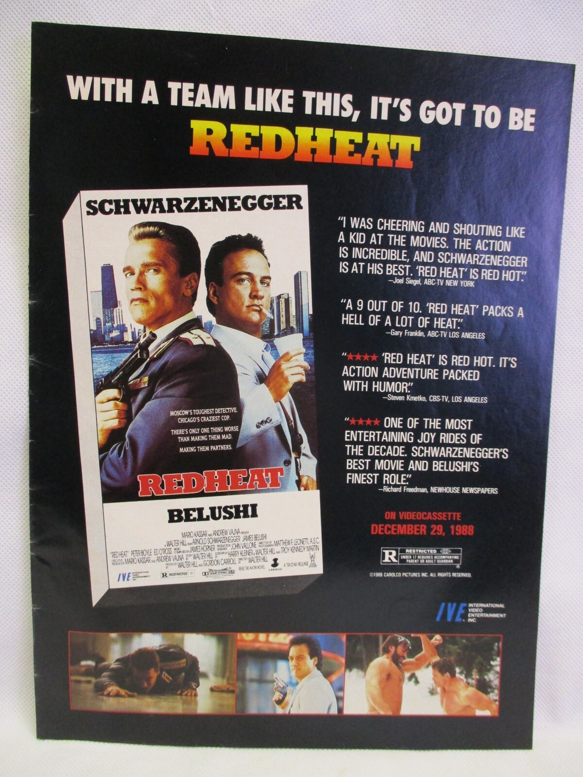Red Heat VHS Movie Arnold Schwarzenegger Jim Belushi 1988 Print Ad Mini Poster