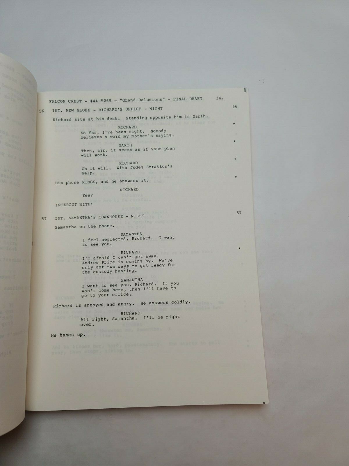 FALCON CREST / Mark Edens 1989 TV Script, Jane Wyman “Grand Delusions”