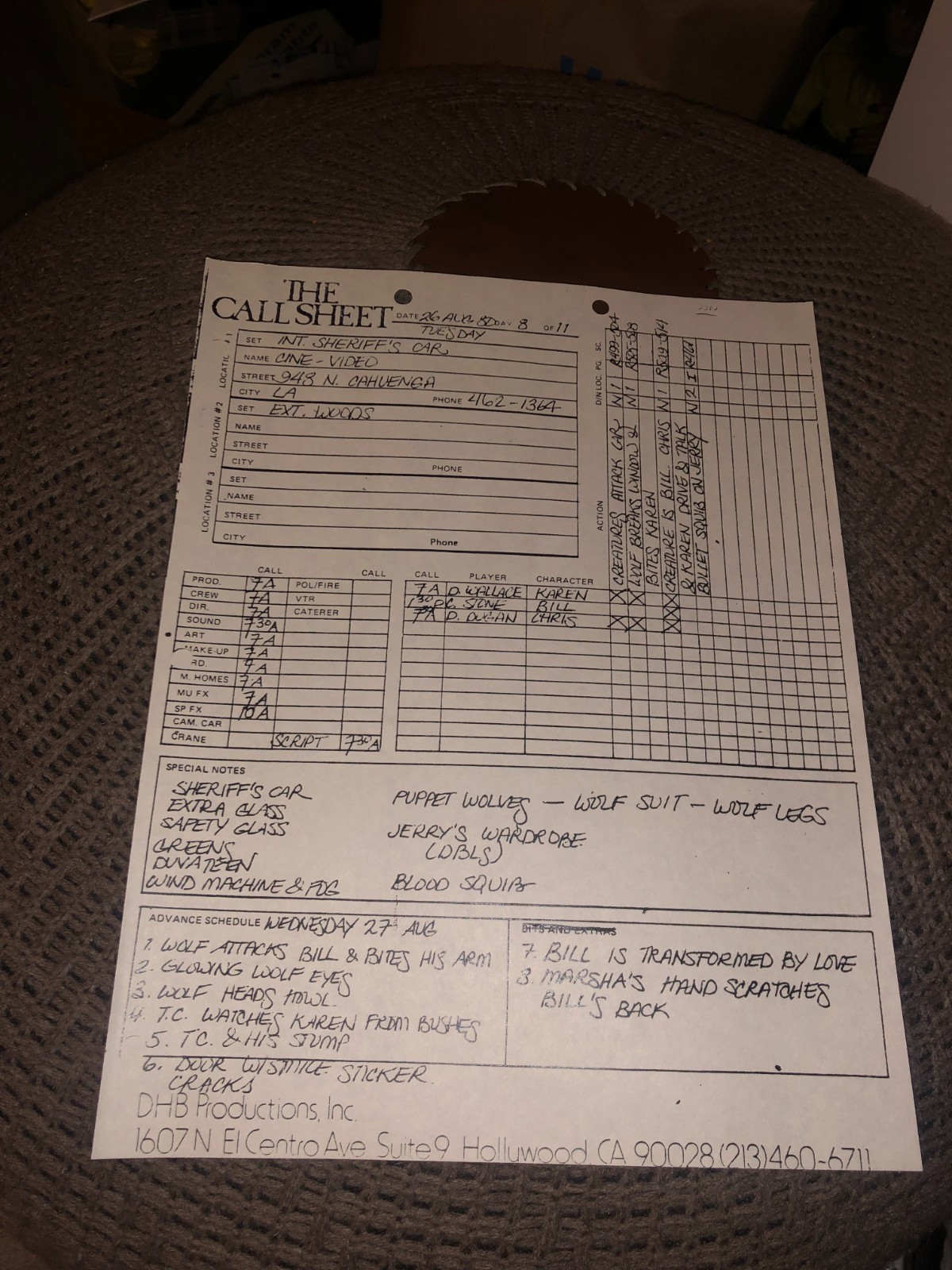 Original THE HOWLING (1981) Crew Owned Daniel H Blatt HORROR MOVIE CALL SHEET 9