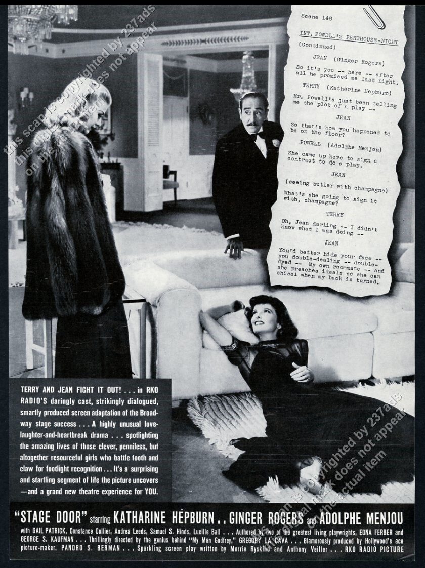 1937 Stage Door movie release Katharine Hepburn Ginger Rogers photo vtg print ad