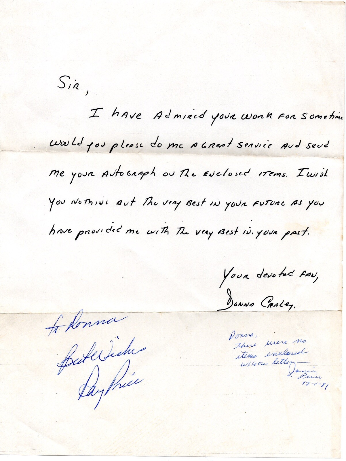 RAY PRICE Vintage Signed Autographed Fan Letter