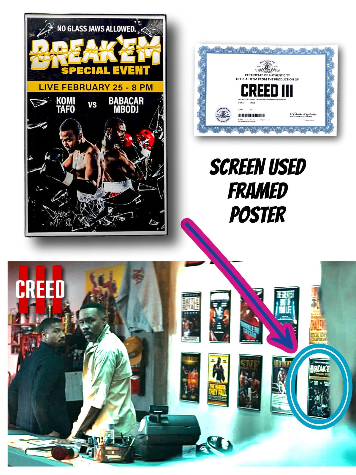 Creed 3 Screen Used Worn Framed Gym Poster Michael B Jordan Rocky Prop COA