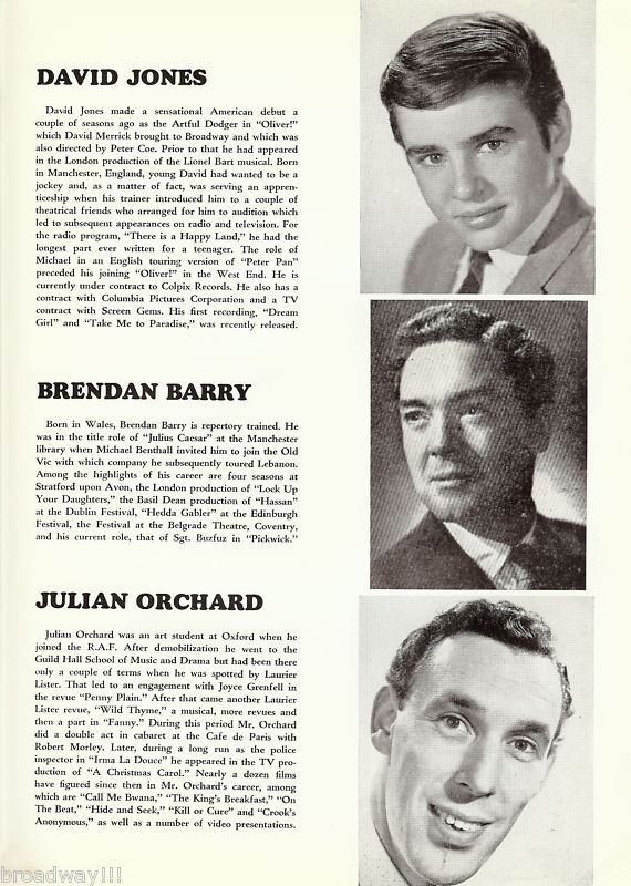 Harry Secombe “PICKWICK” David “Davy” Jones / Charlotte Rae 1965 Tryout Program
