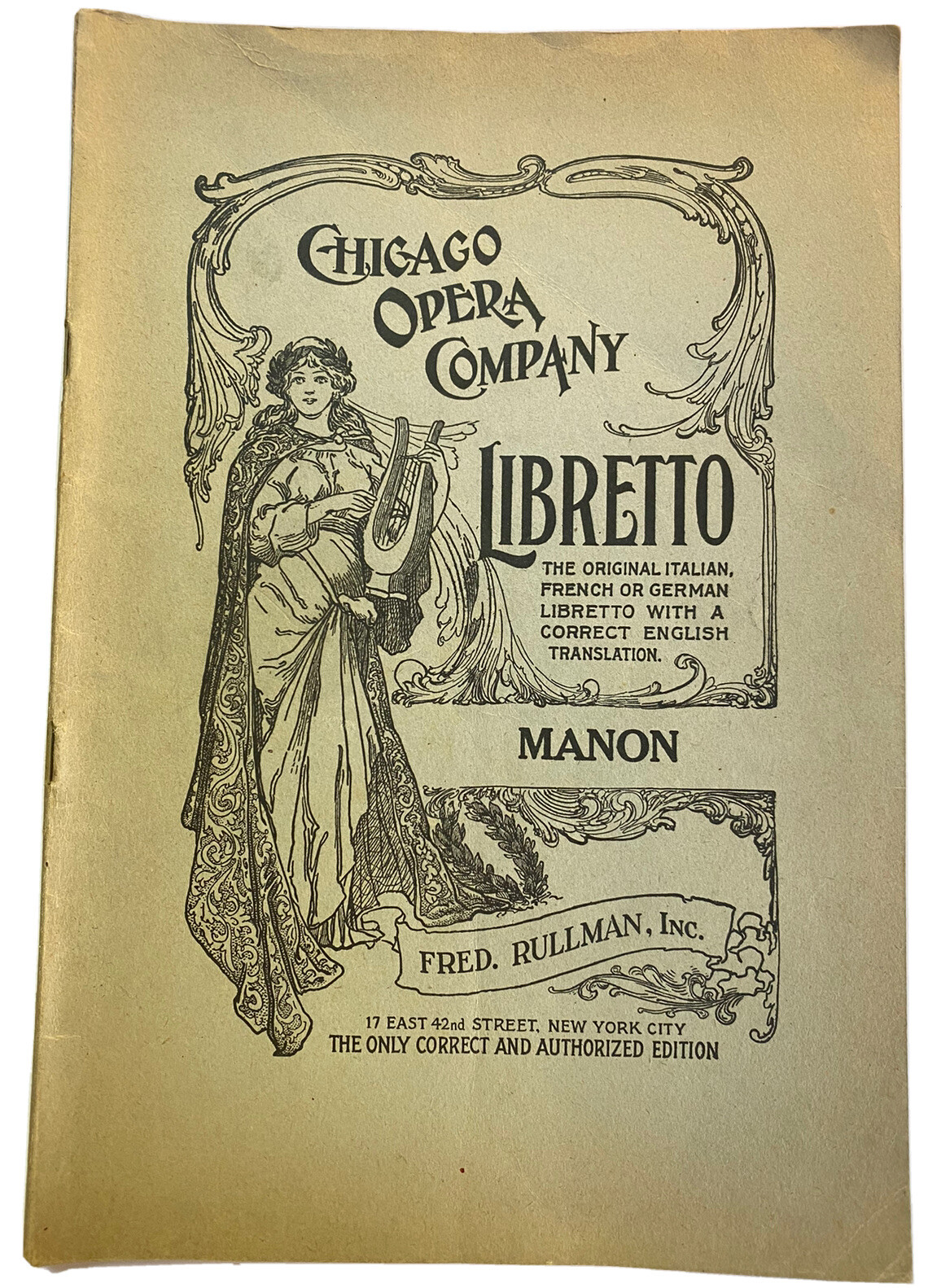 Vintage Chicago Opera Association Libretto for Manon by Jules Massenet