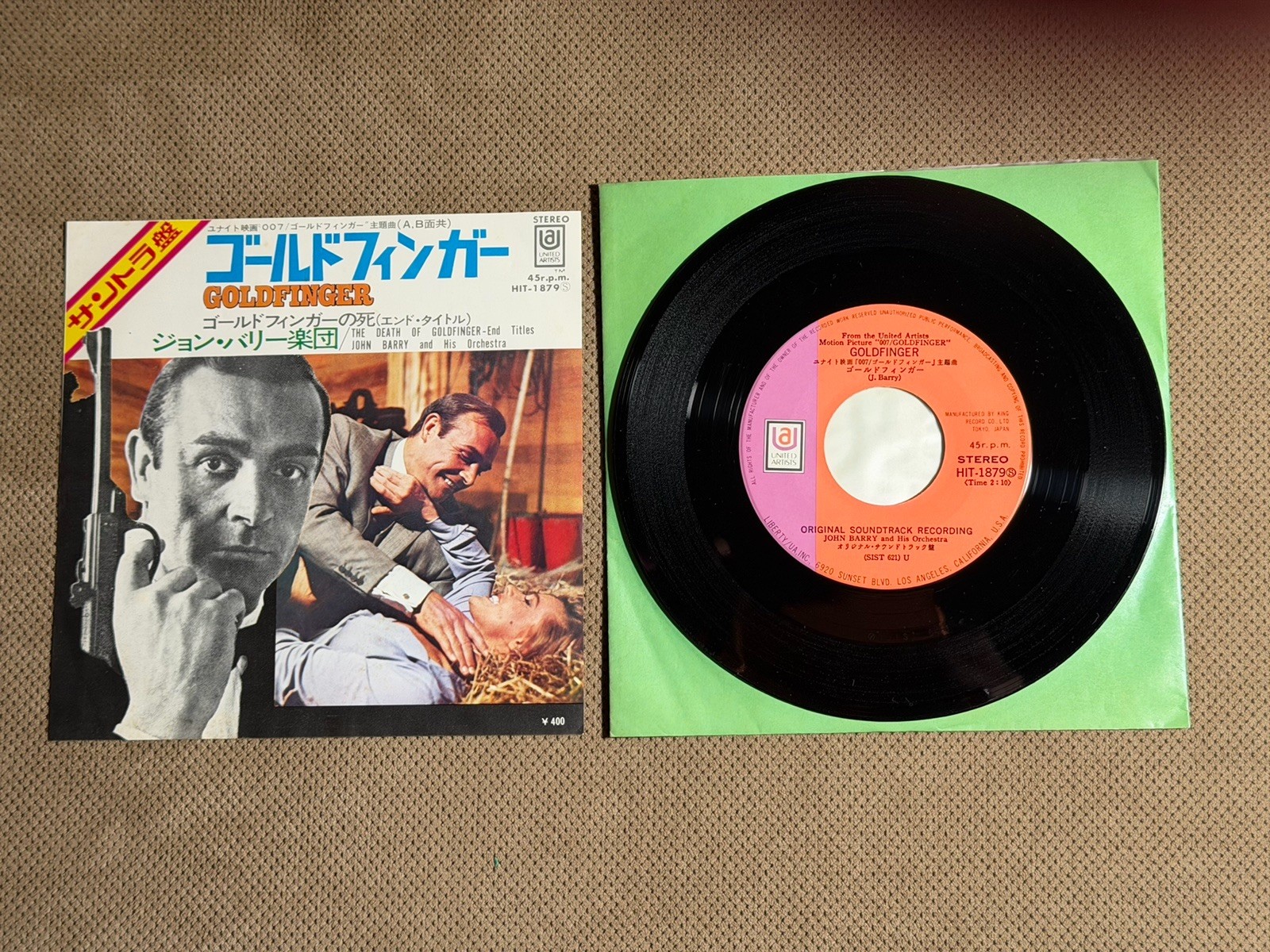 007: John Barry Orchestra “Goldfinger” 71 Japan 7″+Sean Connery Insert~#HIT-1879