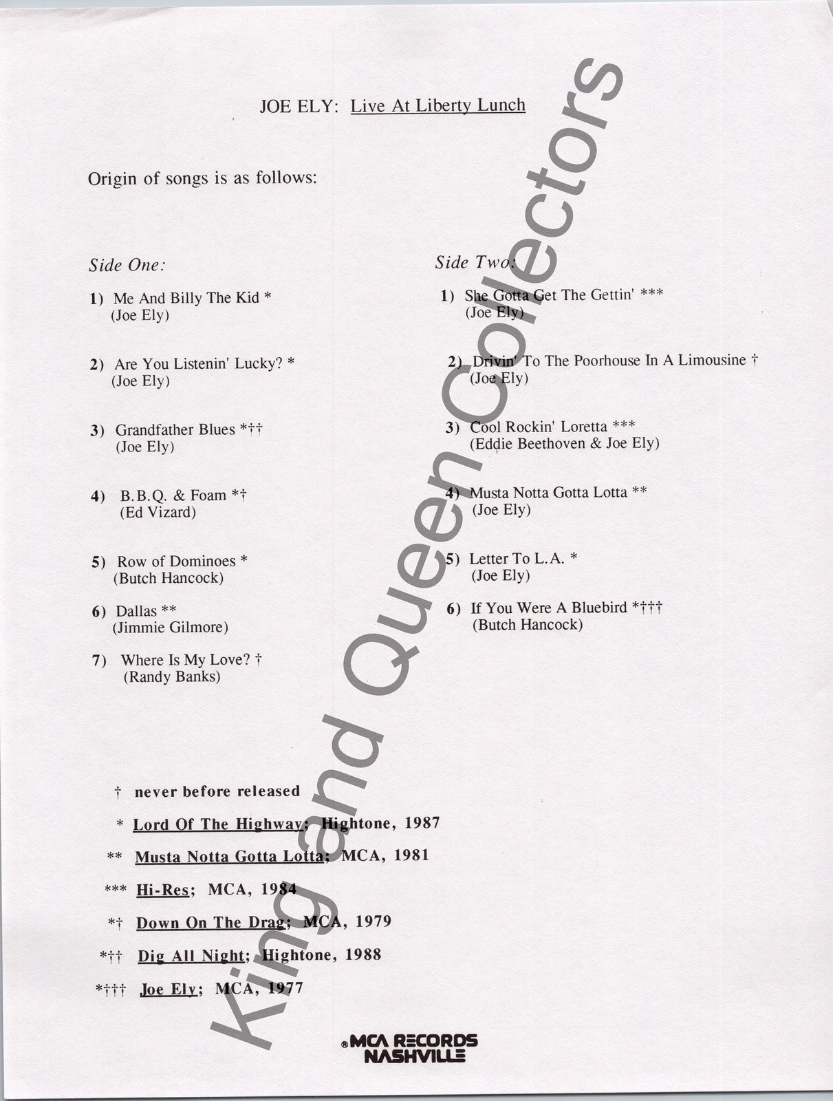 Joe Ely Original MCA Records Nashville Press Kit Album Information Sheet Live