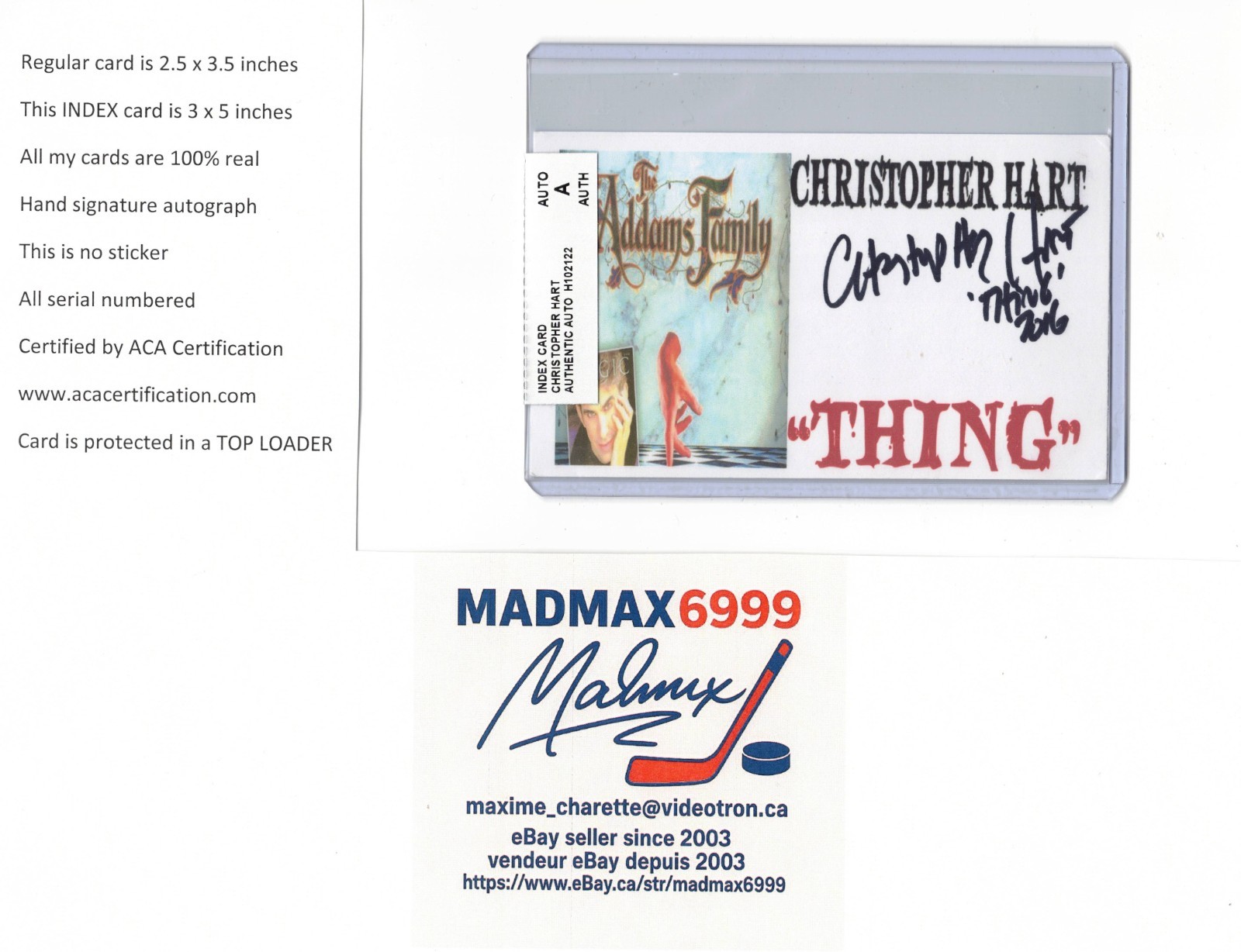 Christopher Hart THING The Addams Family HORROR AUTOGRAPH SIGNED INDEX CARD COA