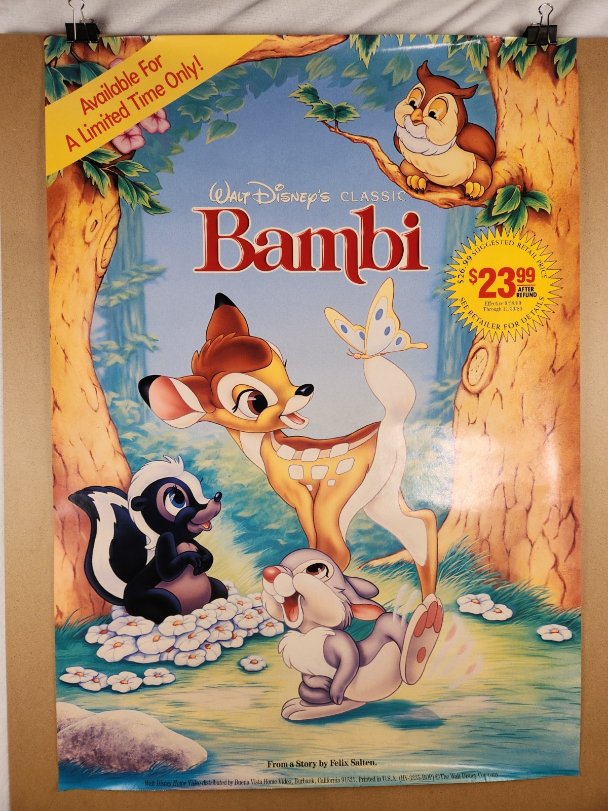 Bambi Walt Disney Video Store Home Video Movie Poster from 1989 Rolled 23”x32.5″