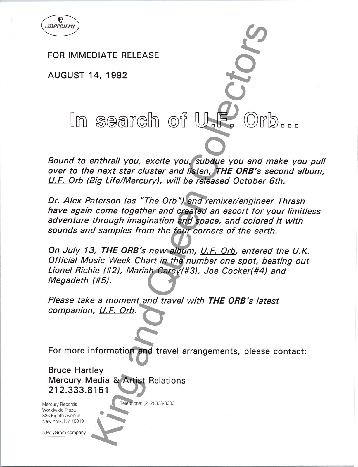 The Orb 1992 Original Mercury Records Press Kit Press Release U.F. Orb