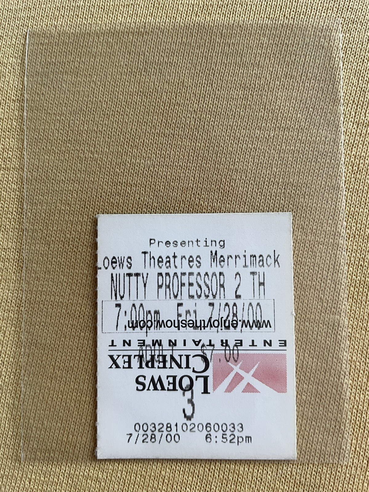 NUTTY PROFESSOR 2: THE CLUMPS. 7/28/00. Lowe’s Theaters Merrimack. Ticket Stub.