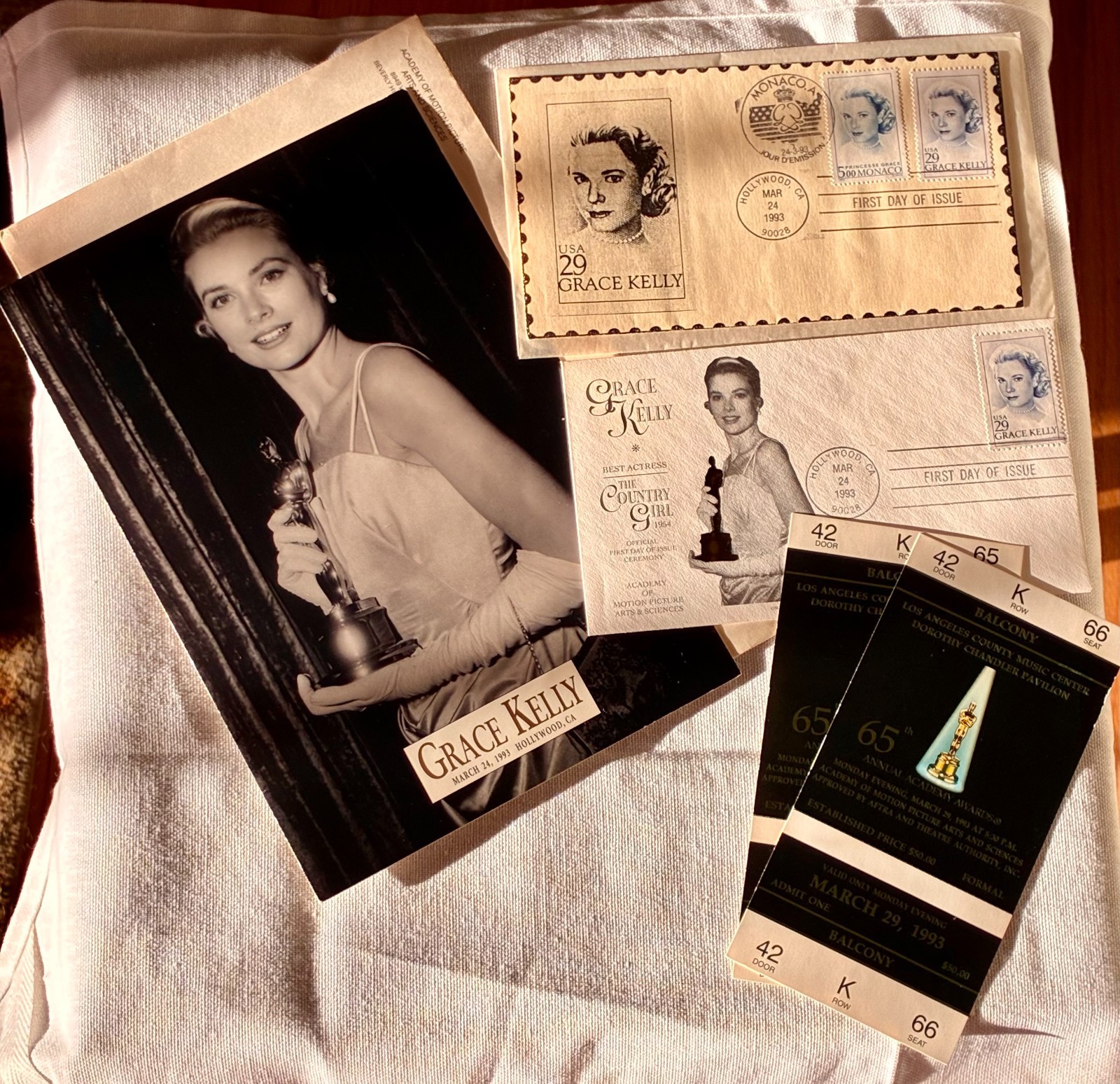 1993 65th Academy Awards UNUSED Oscar Tickets + Grace Kelly FDC Lot RARE