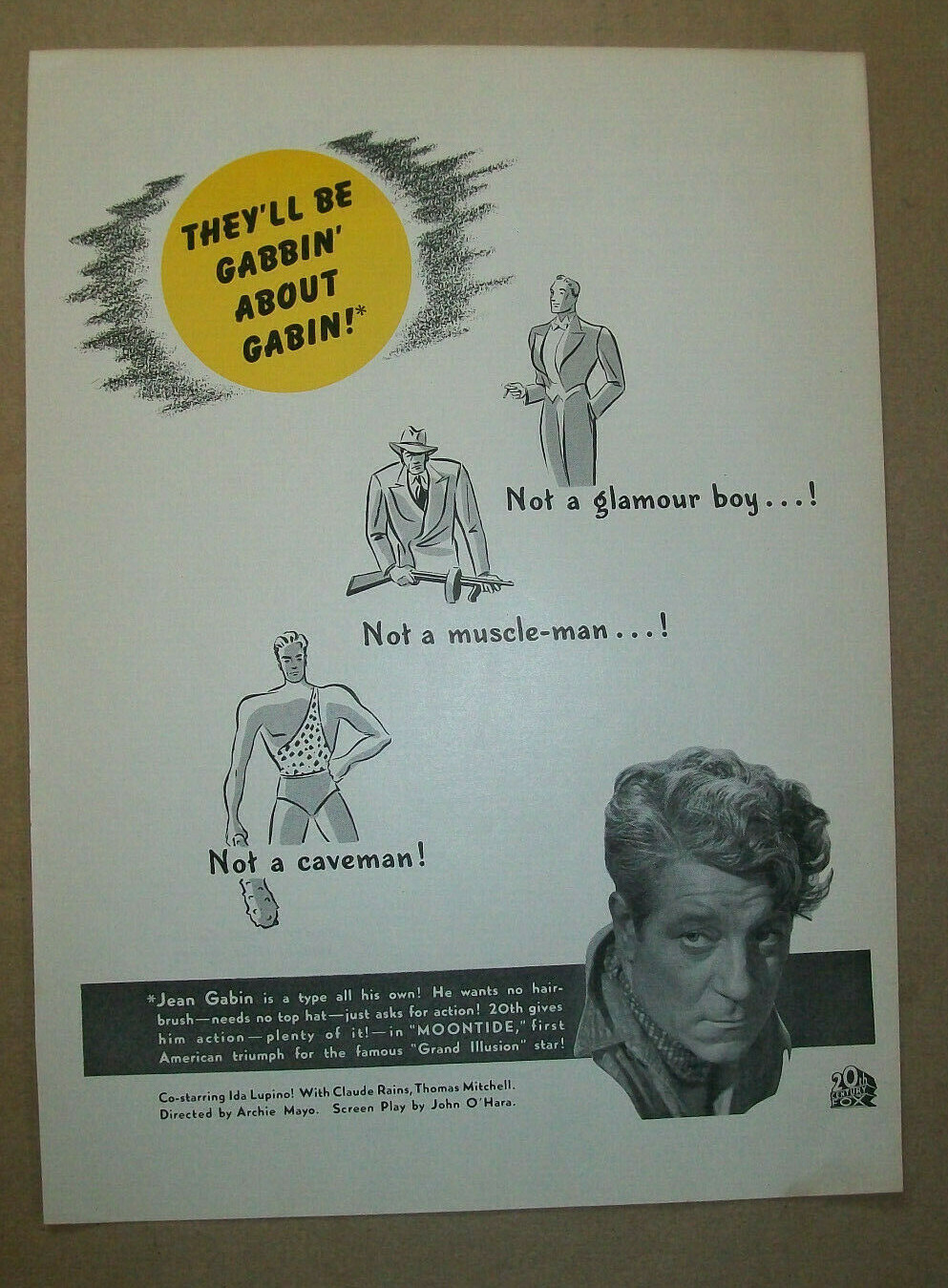 Jean Gabin Ida Lupino Claude Rains 1942 Ad- Moontide/ 20th Century Fox