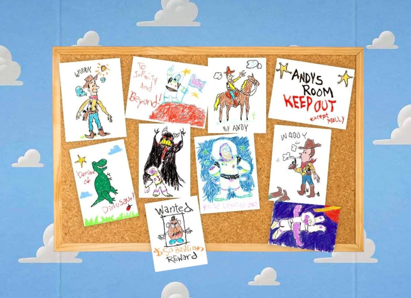 Set of 10 Toy Story Andy’s Room Drawings Replicas Woody Buzz Rex Zurg 8.5″x11″