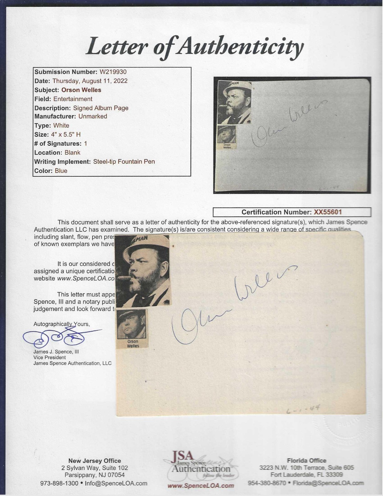 Orson Welles Movie Actor Filmmaker Autographed Vintage 4×5 Album Page JSA Letter