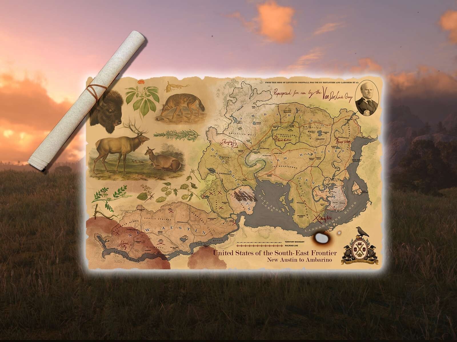 Map of Ambarino to West Austin Territories; RDR Cloth Map (Inspired by Red Dead)