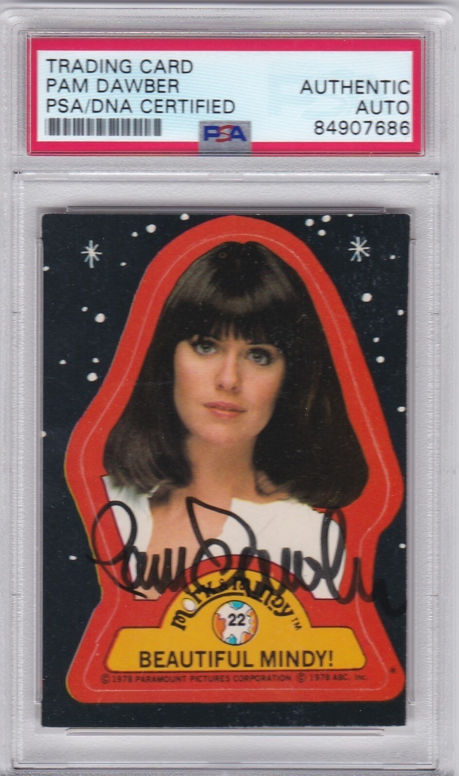 PAM DAWBER PSA DNA AUTOGRAPHED SIGNED MORK & MINDY VINTAGE STICKER