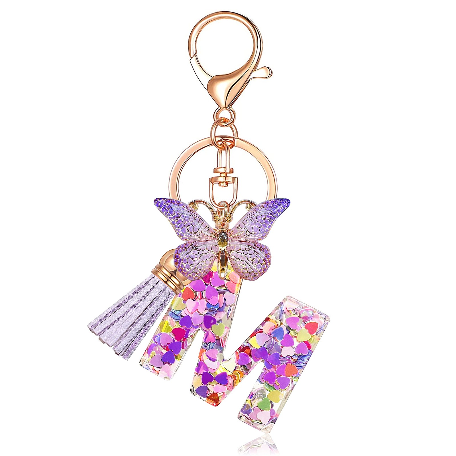JINGUAZI Initial letter Keychains for Women Tassel Butterfly Pink Purple Cute Ca
