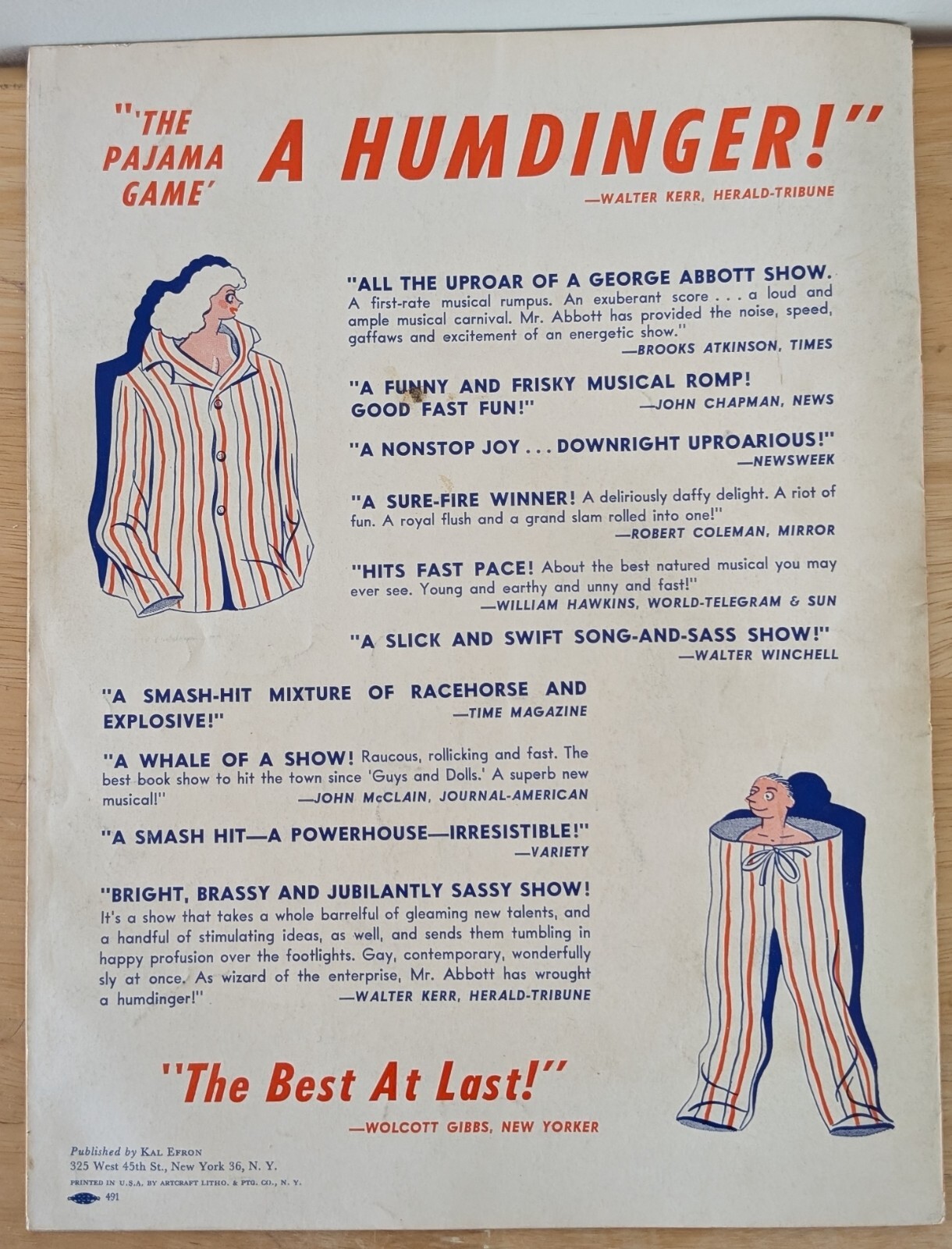 The Pajama Game program Shubert Theater Boston 1950s with the original insert