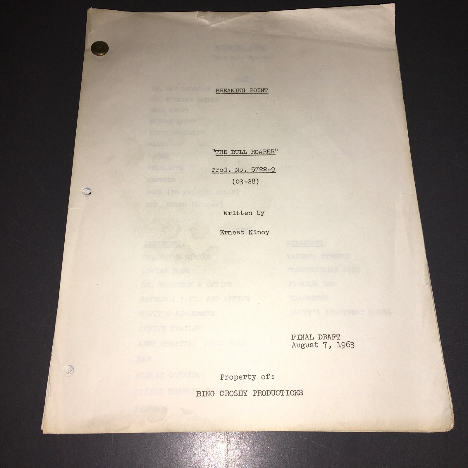 BREAKING POINT Bull Roarer (1963) TV Final Draft Ernest Kinoy Bing Crosby COA
