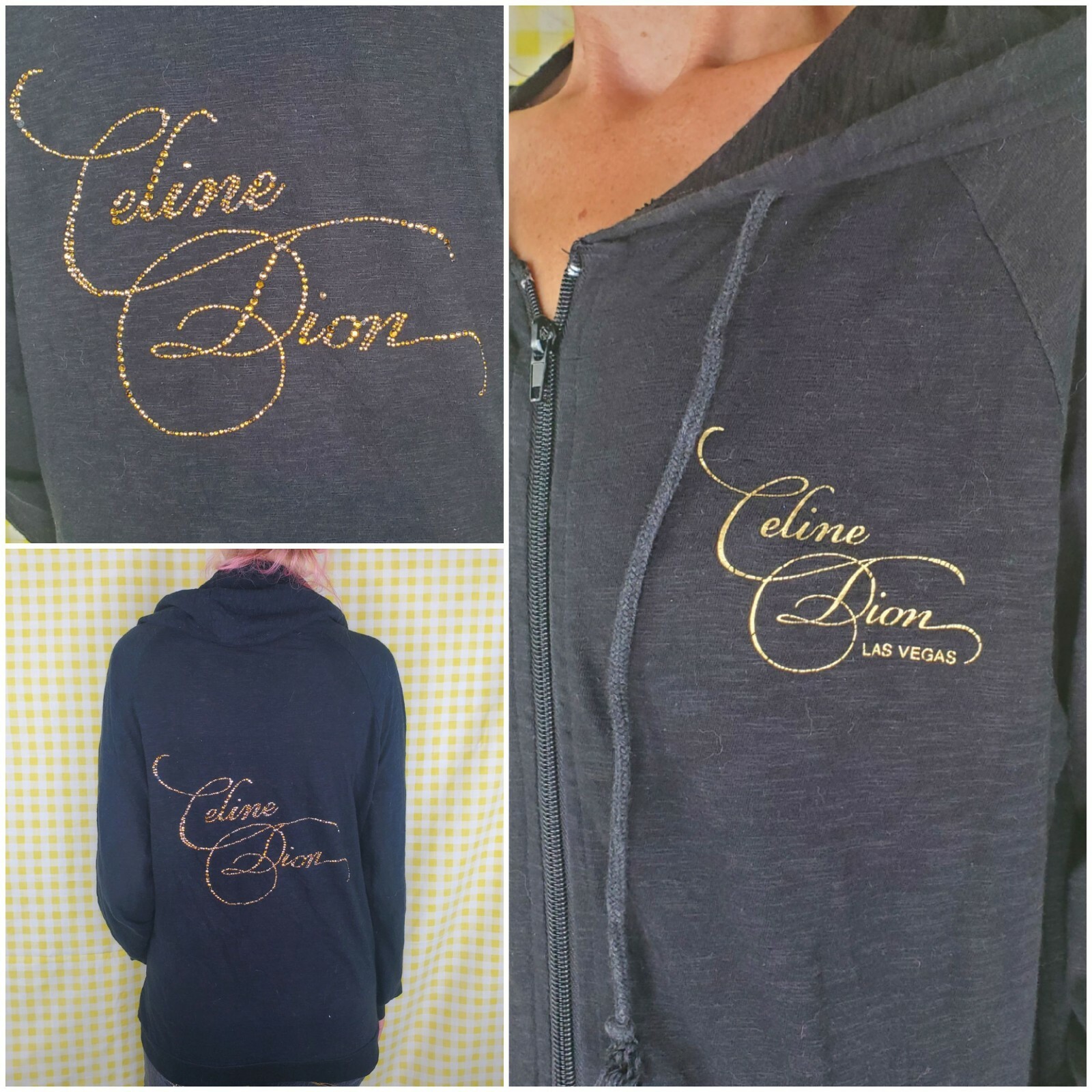 Rare Céline Dion Las Vegas 2011 Concert Embellished Black, Gold Hoodie Small EUC