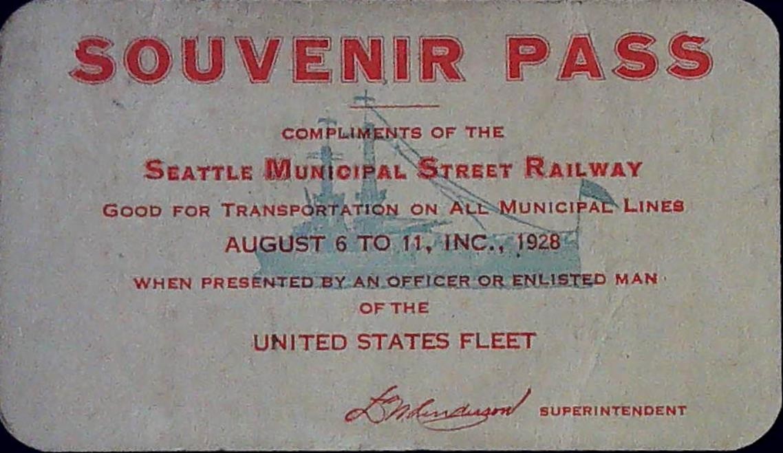 United States Navy Enlisted Seattle Municipal Street Railway Souvenir Pass 1928