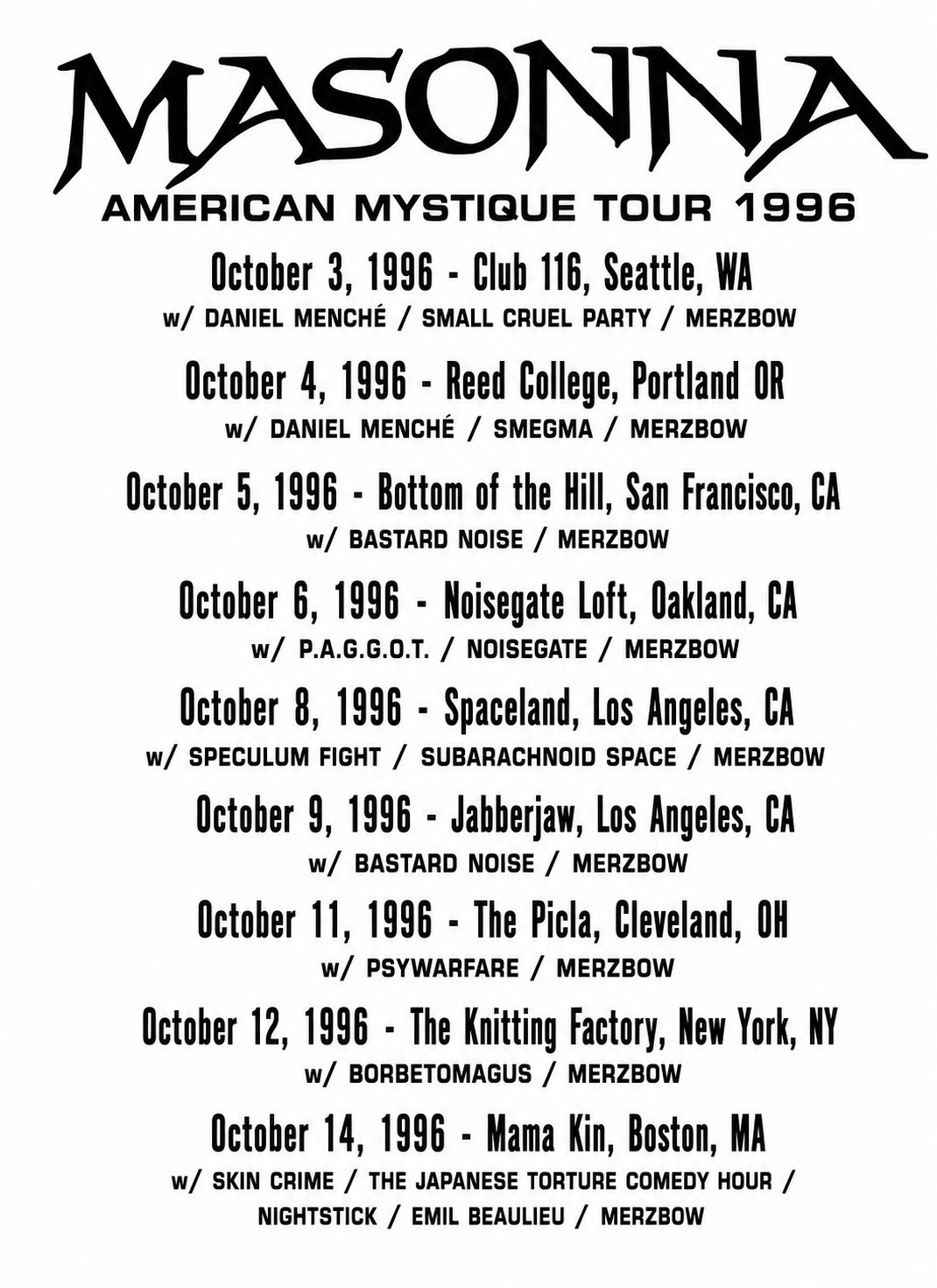Masonna – Merzbow Tour Flier 1996 USA Tour Two Sided Print Emil Beaulieau Noise
