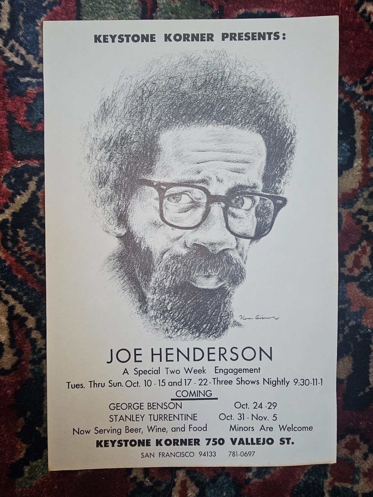 Joe Henderson – Keystone Korner Handbill 1978, 8.5×5.5″