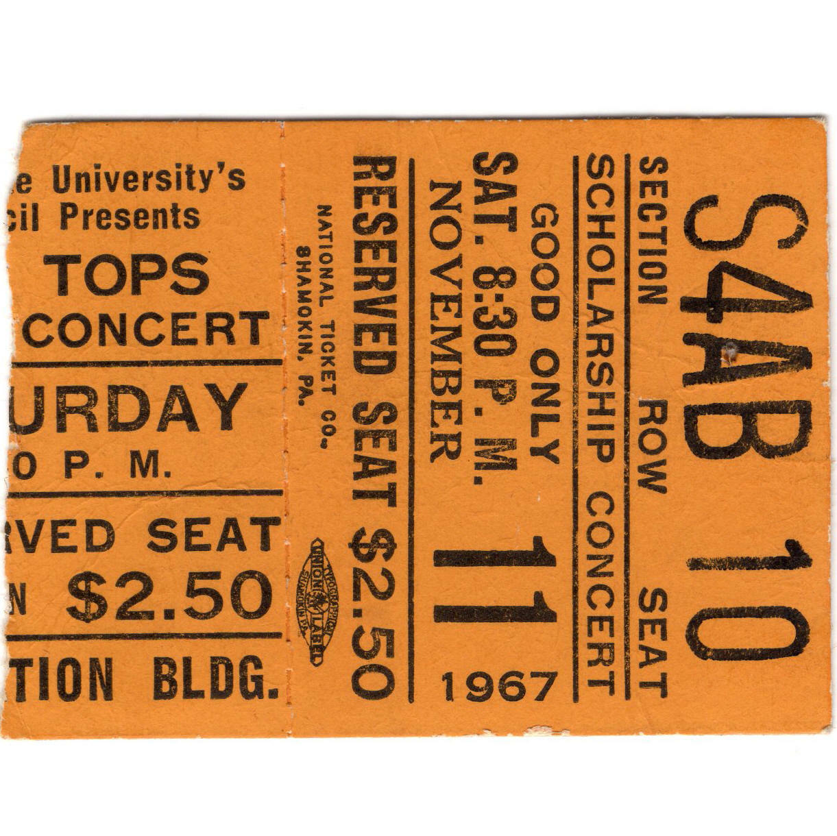 THE FOUR TOPS Concert Ticket Stub UNIVERSITY PARK PA 11/11/67 PENN STATE Rare