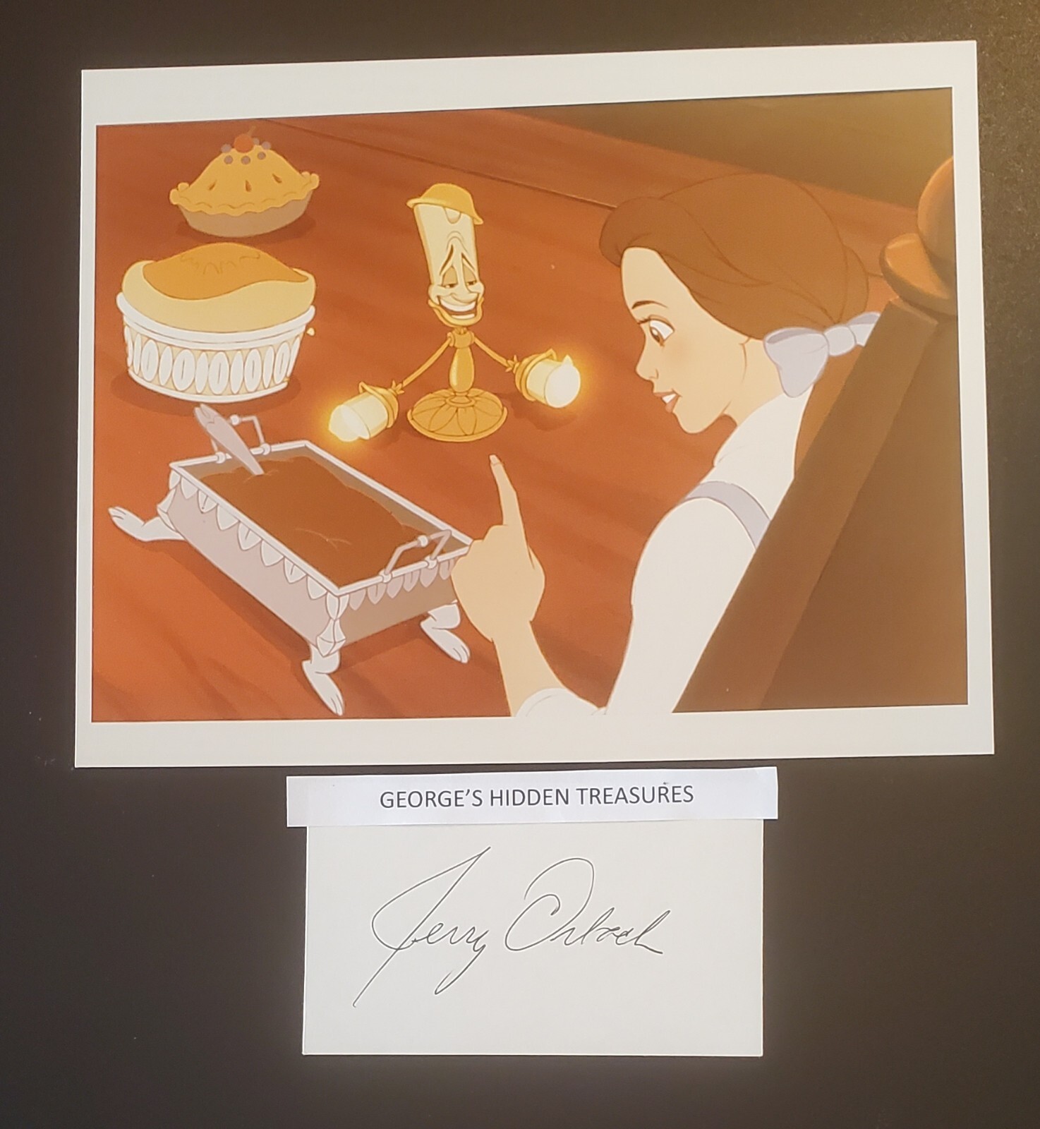 JERRY ORBACH signed autograph 3×5 w/8×10 – Disney’s BEAUTY & THE BEAST (Lumiere)