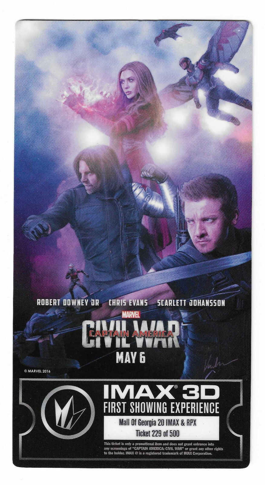 MARVEL CAPTAIN AMERICA CIVIL WAR IMAX COLLECTIBLE TICKET HYDRA AUTOGRAPH FALCON 