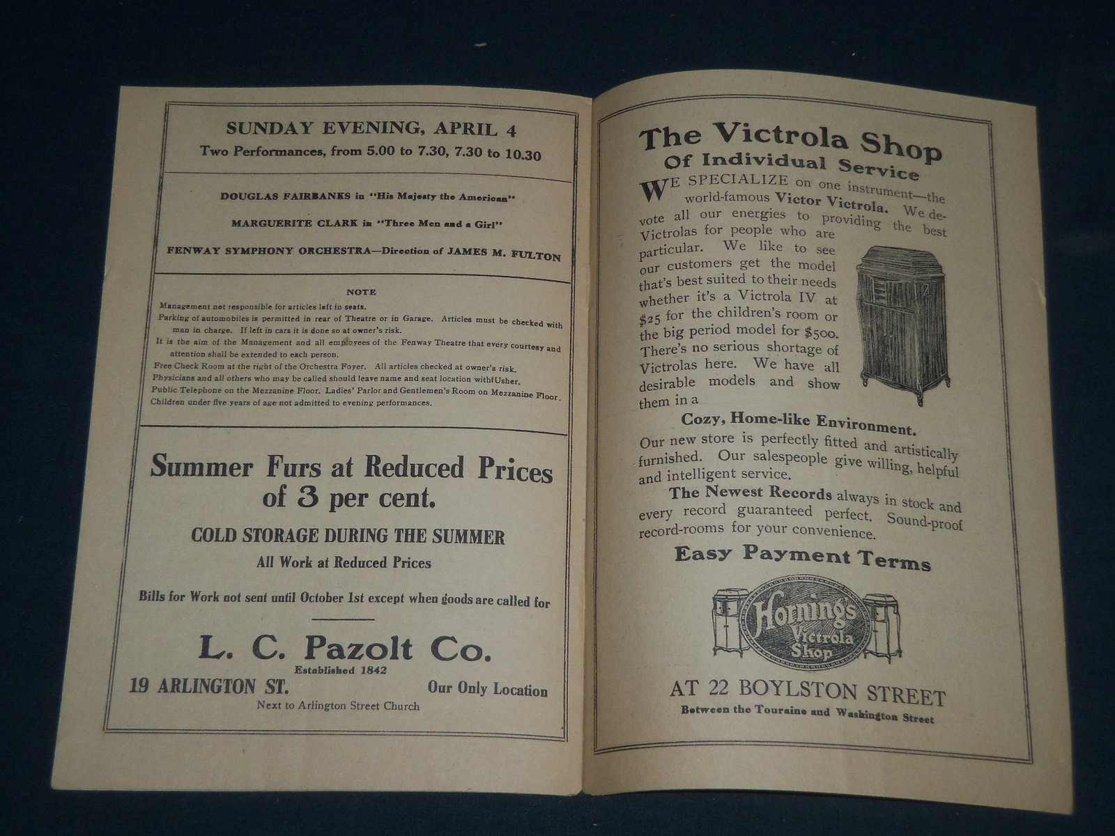 1920 FENWAY THEATRE PROGRAM – NORMA TALMADGE IN DAUGHTER OF TWO WORLDS – J 4080