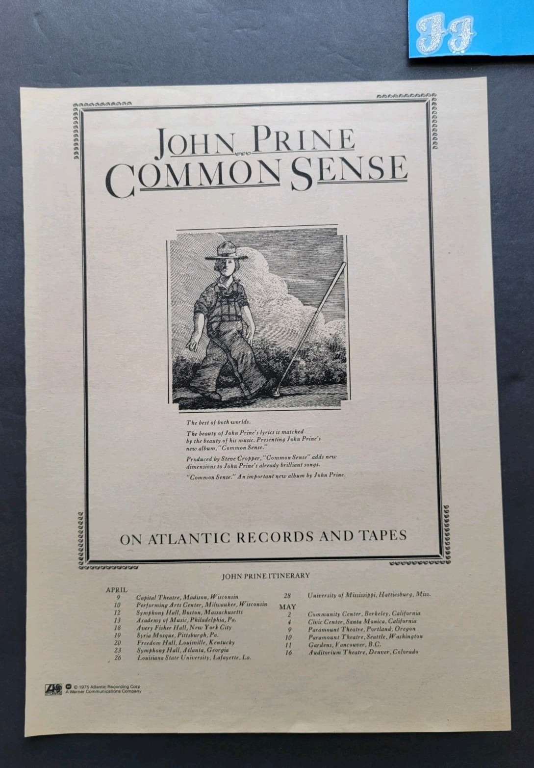 John Prine Common Sense Album & Tour Promo Print Advertisement 1975