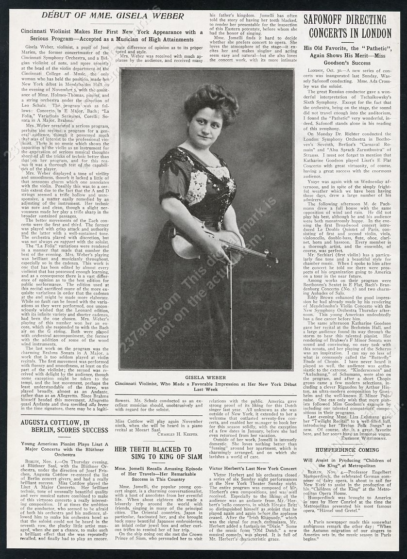 1909 Gisela Weber photo NYC violin debut vintage print article
