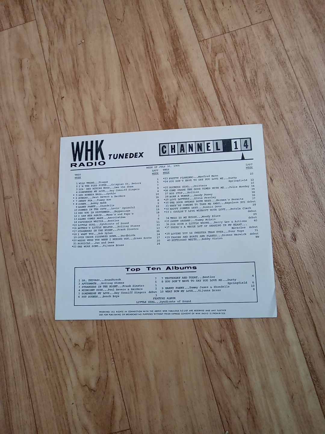 WILD THING#1 TROGGS- WHK RADIO STATION RECORDS SURVEY 1966 CLEVELAND OHIO MINT