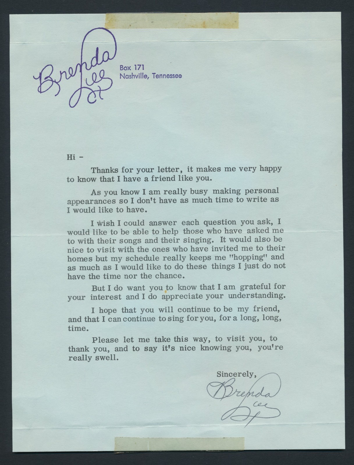 Brenda Lee – Circa 1964 TLS – Nice Letterhead! – Autograph