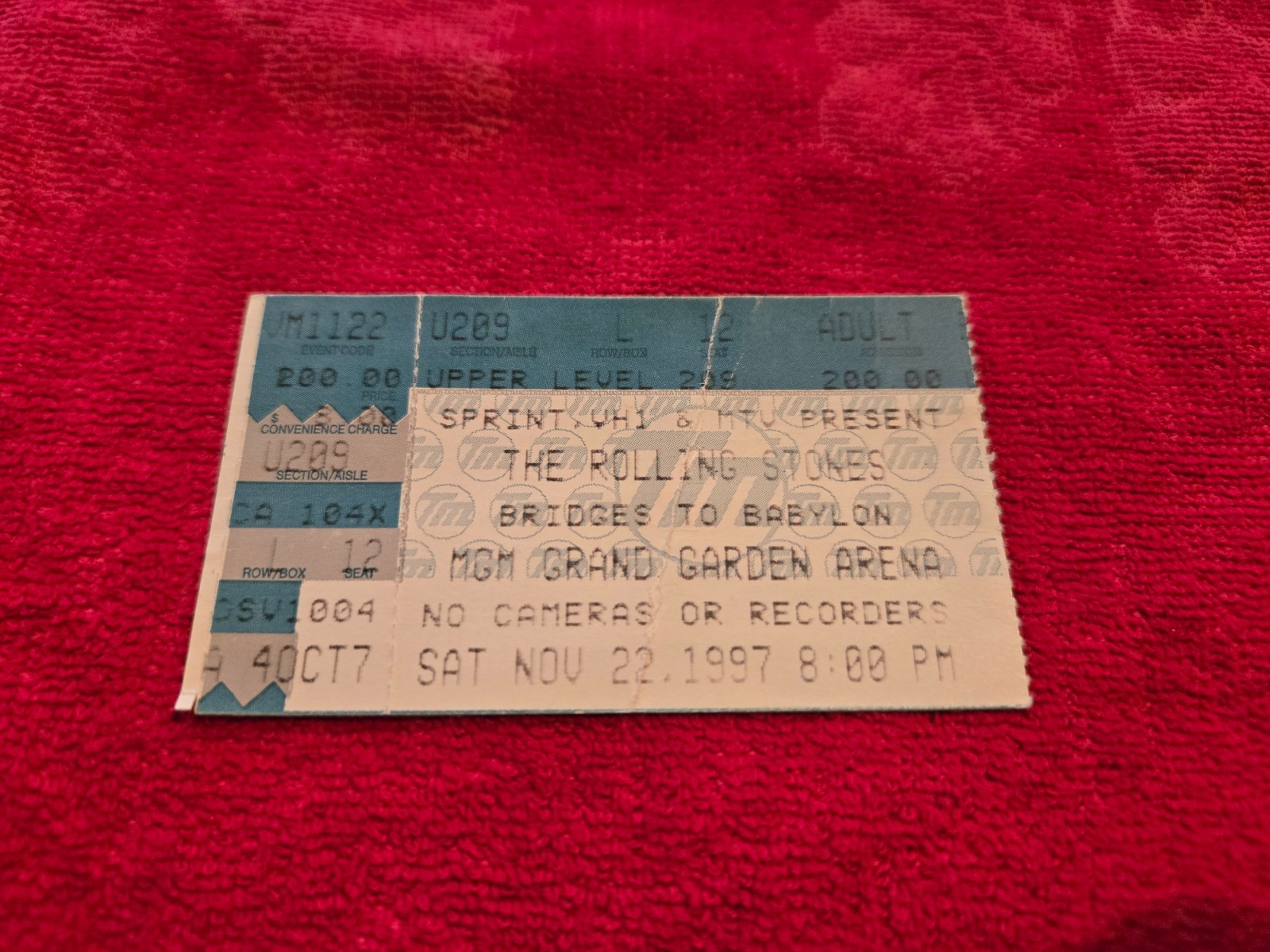 ORIGINAL CONCERT TICKET STUB FOR THE ROLLING STONES NOV 22 1997 MGM GRAND ARENA