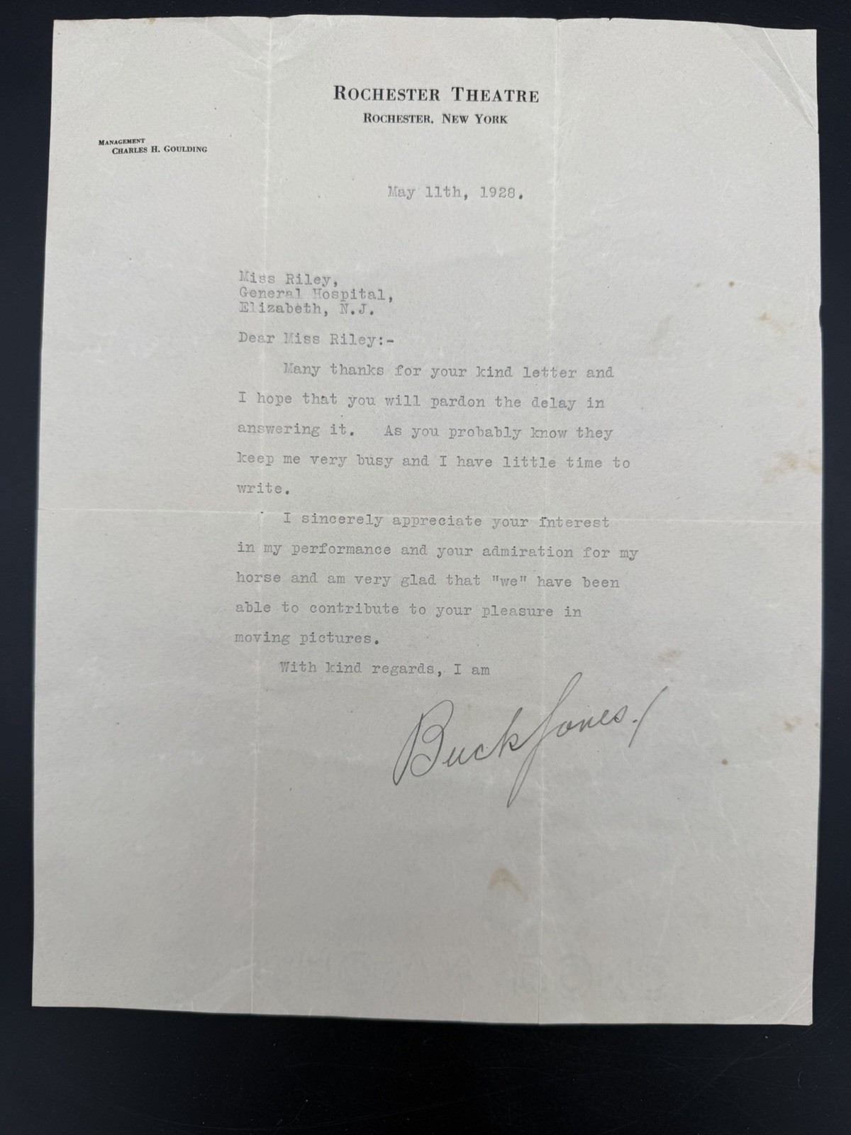 1928 Signed Buck Jones Letter – Western Film Star – Rochester Theatre New York