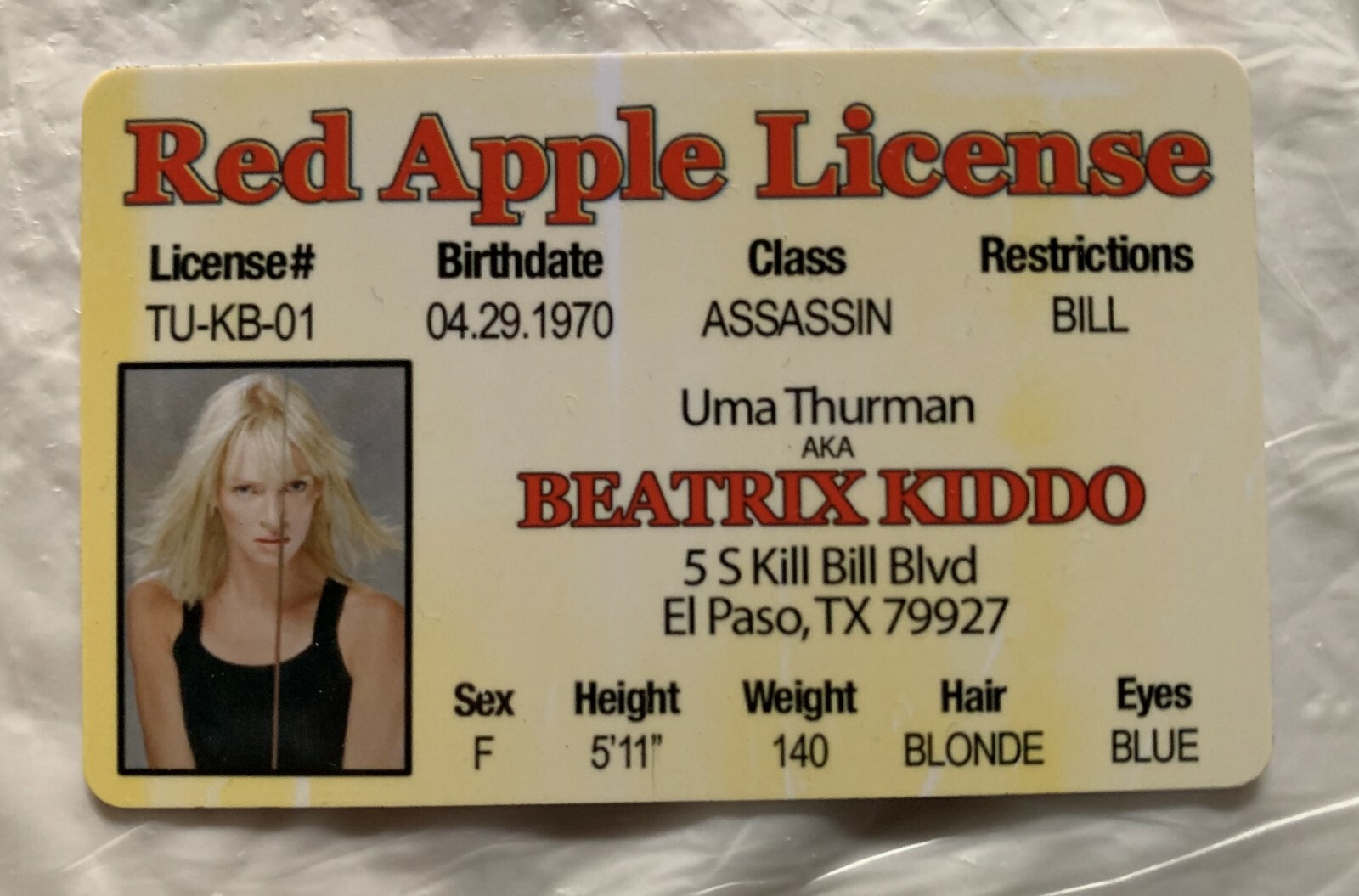Beatrix Kiddo Uma Thurman Kill Bill Movie Red Apple ID License Joke Prop Cosplay