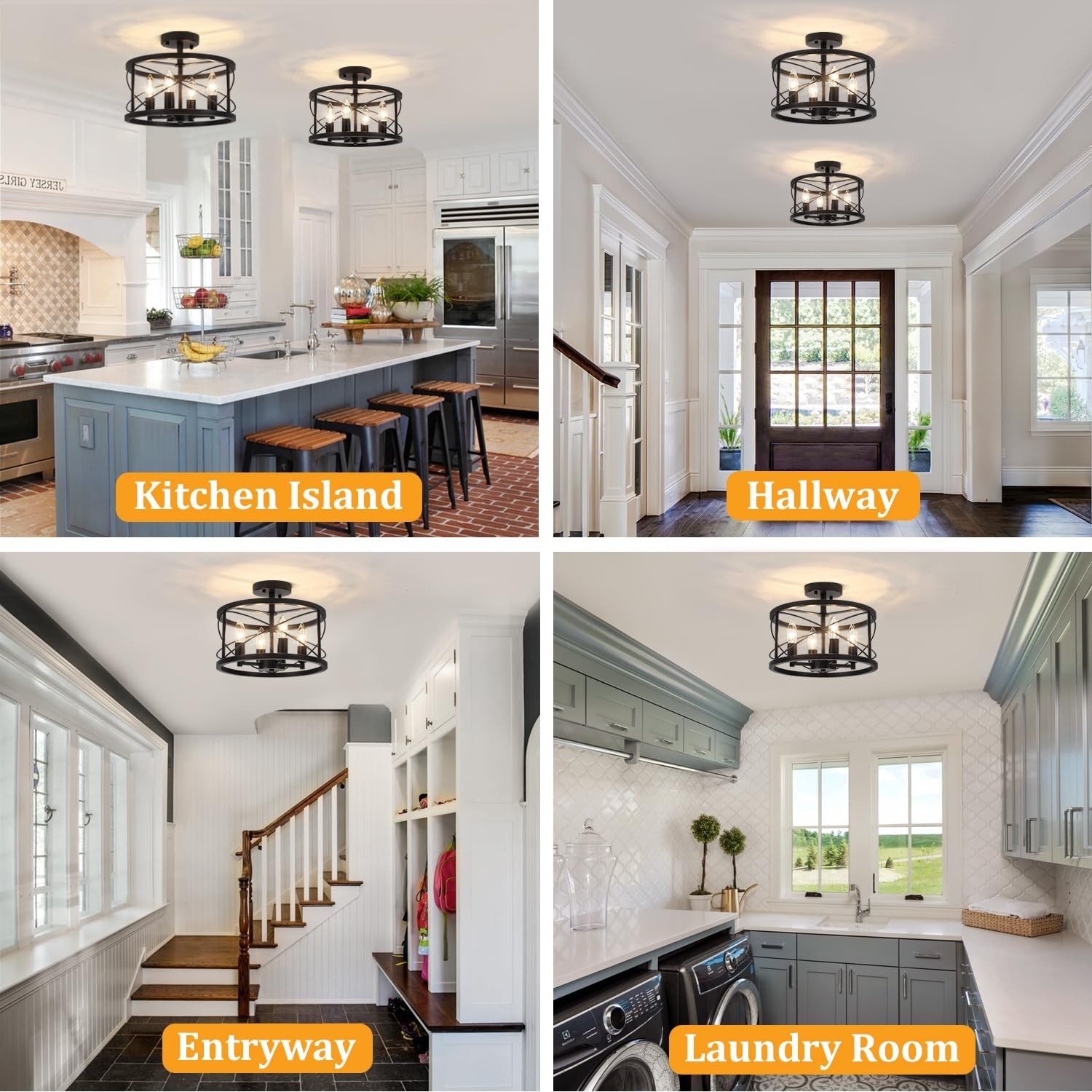 TOULMJ 4-Light Black Semi Flush Mount Ceiling Light Hallway Lights Fixture | …
