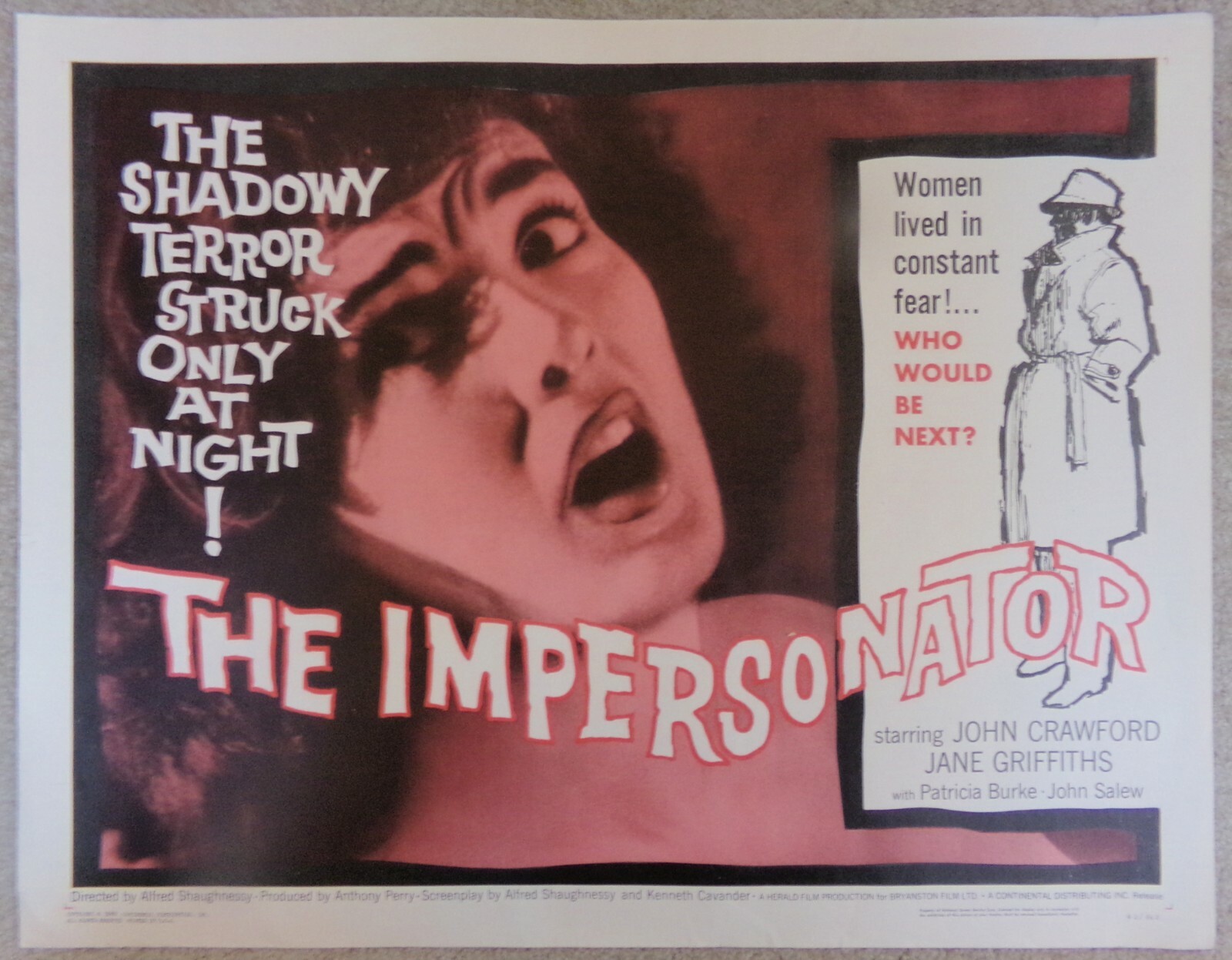 THE IMPERSONATOR Movie Poster ©1962 Continental John Crawford, Jane Griffiths