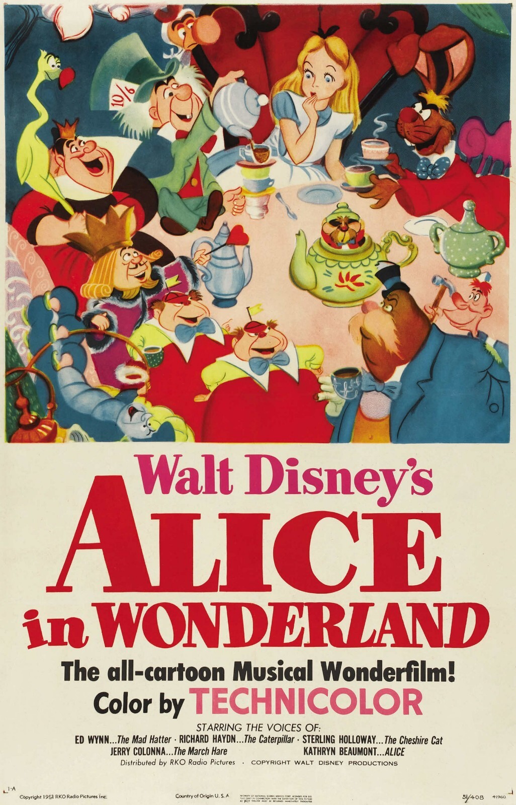 1951 Disney Alice In Wonderland Movie Poster 11X17 Mad Hatter Tea Party 🦩🌹🍿