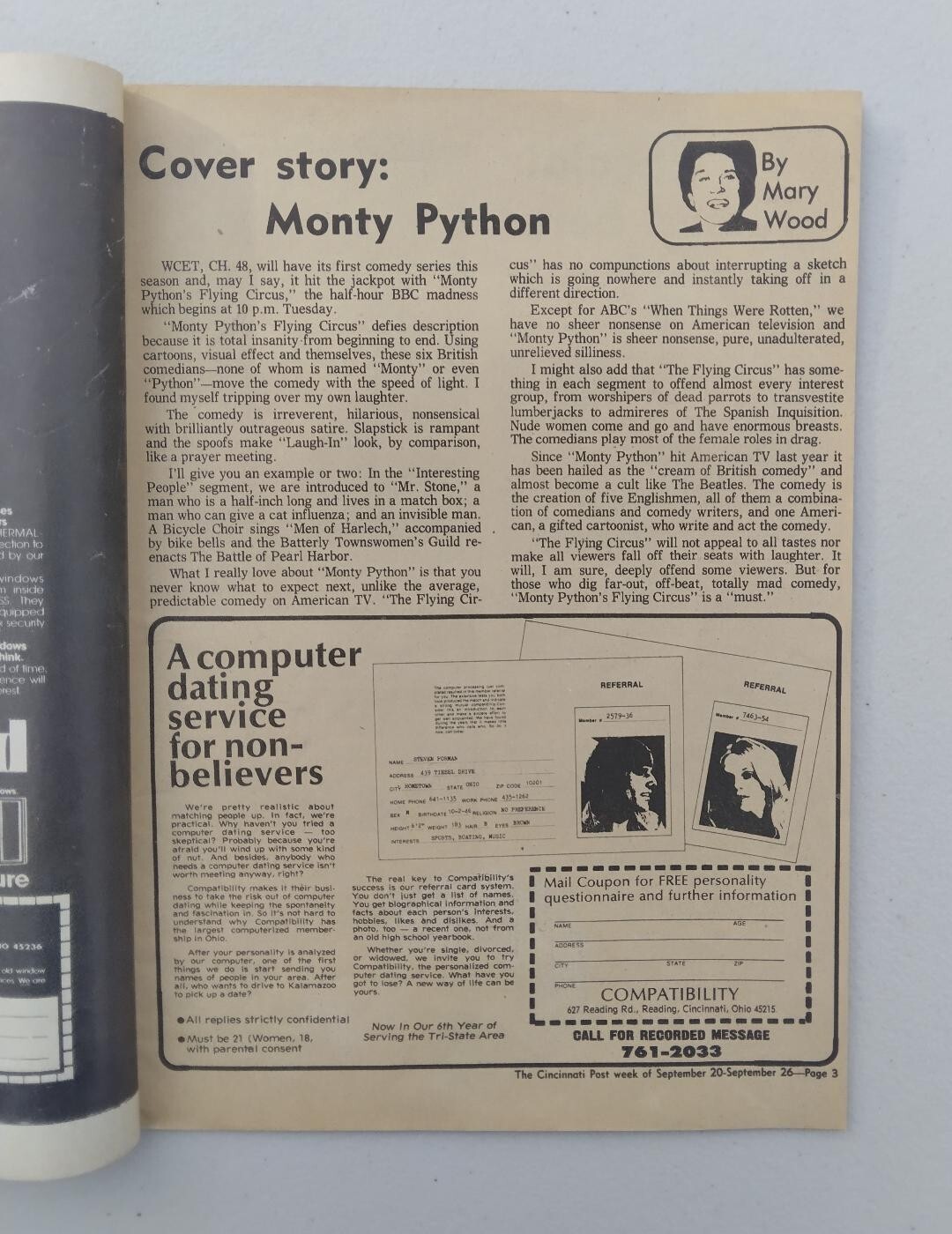Monty Python 1975 Local TV Guide Cincinnati Bob Braun