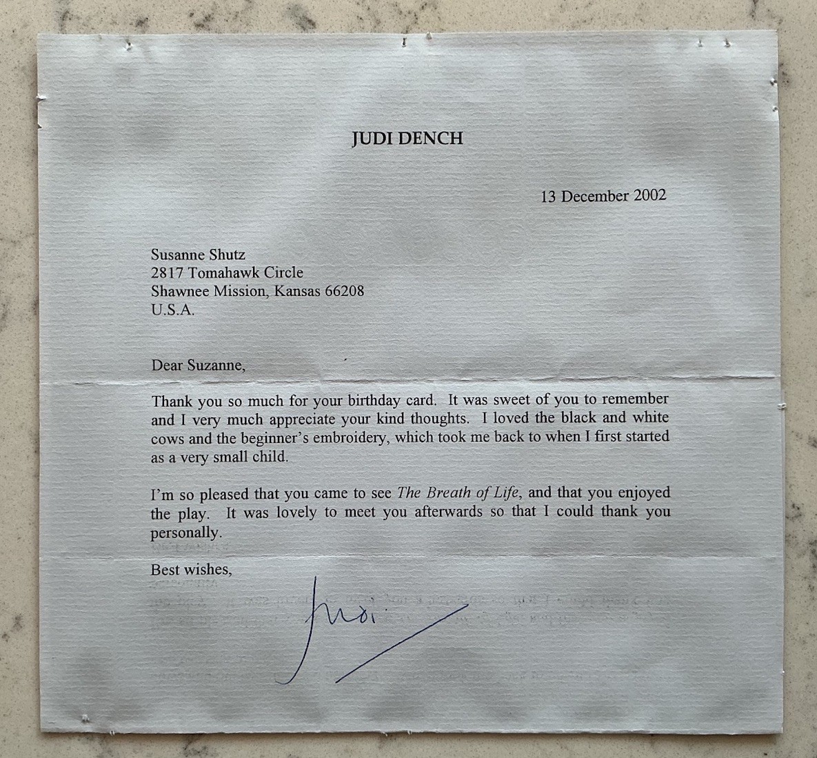 JUDI DENCH STAGE ACTRESS SIGNED TLS AUTOGRAPHED LETTER 12/13/2002