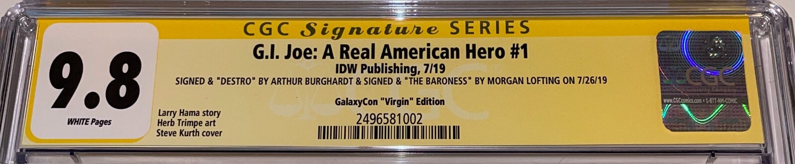 G.I. JOE A REAL AMERICAN HERO #1 “Virgin” CGC 9.8 Signed Comic BURGHARDT & WARD